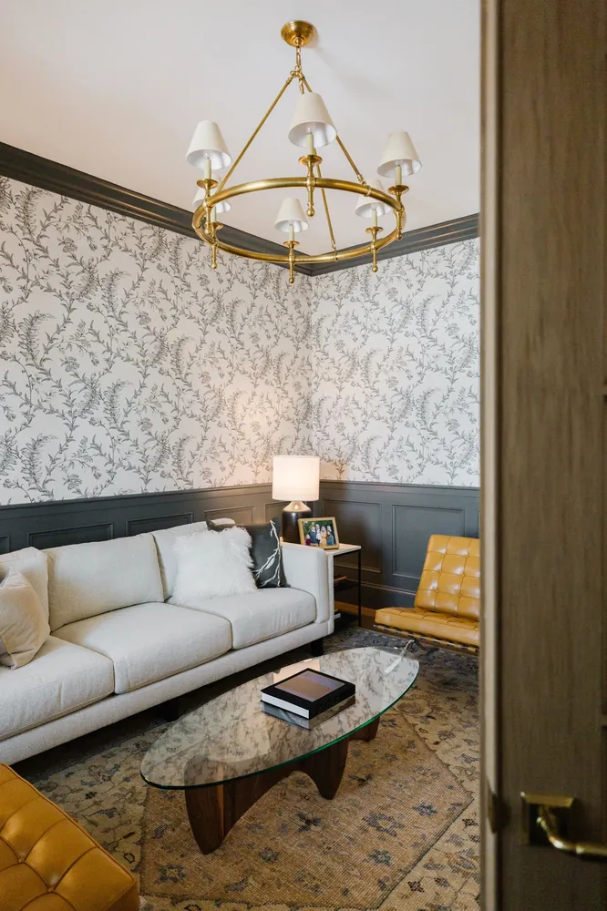 Living room with a wood-framed wall