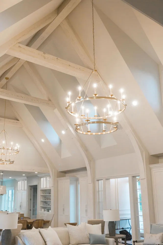 Vaulted great room with exposed wood framing