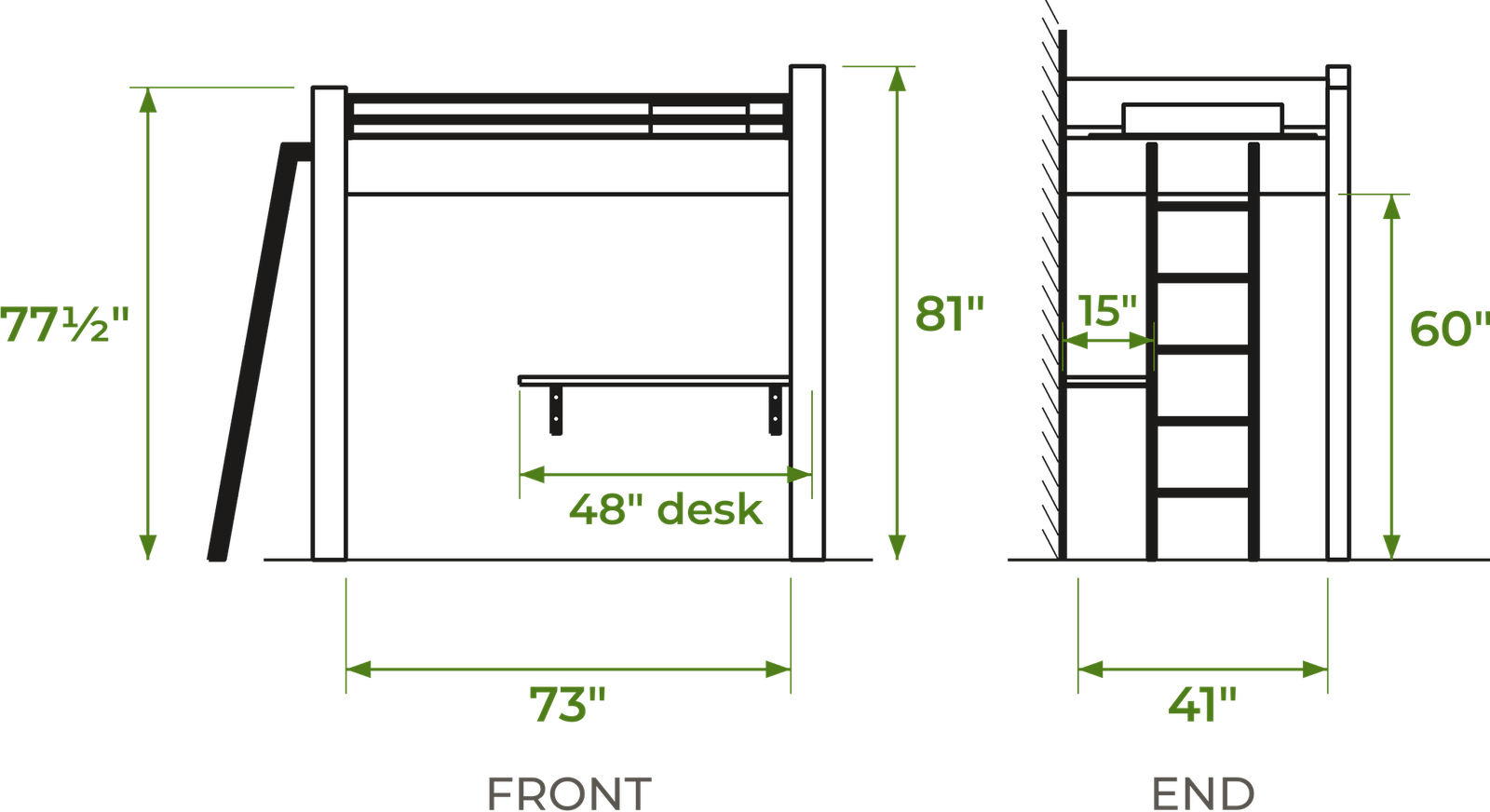 Line drawing of the loft bed, front and end views with dimensions