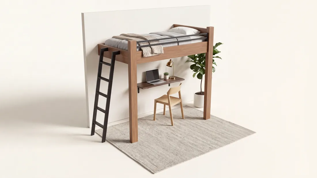 Twin loft bed wall-mounted along one side with a desk underneath, black steel ladder and a metal guard rail
