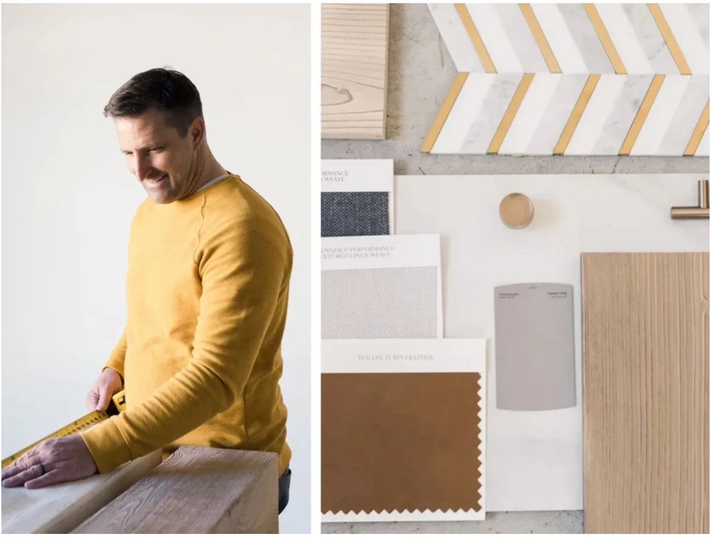 Rand Wilson measuring a wood plank beside material samples