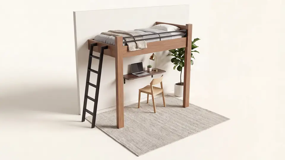 Twin loft bed with a desk underneath, shown turning from the head corner to the foot corner